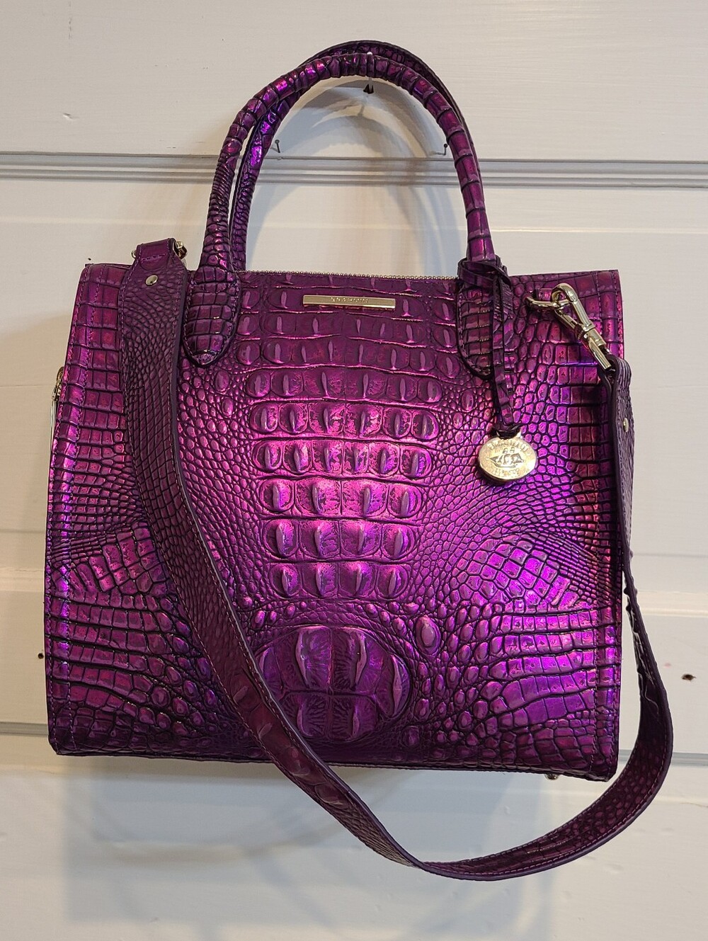 Brahmin Caroline Metallic Purple Potion Croc-Embossed Satchel